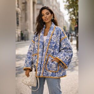 🧵 HANDMADE (by me!) Floral Blue and White Coat Jacket with Yellow Trim